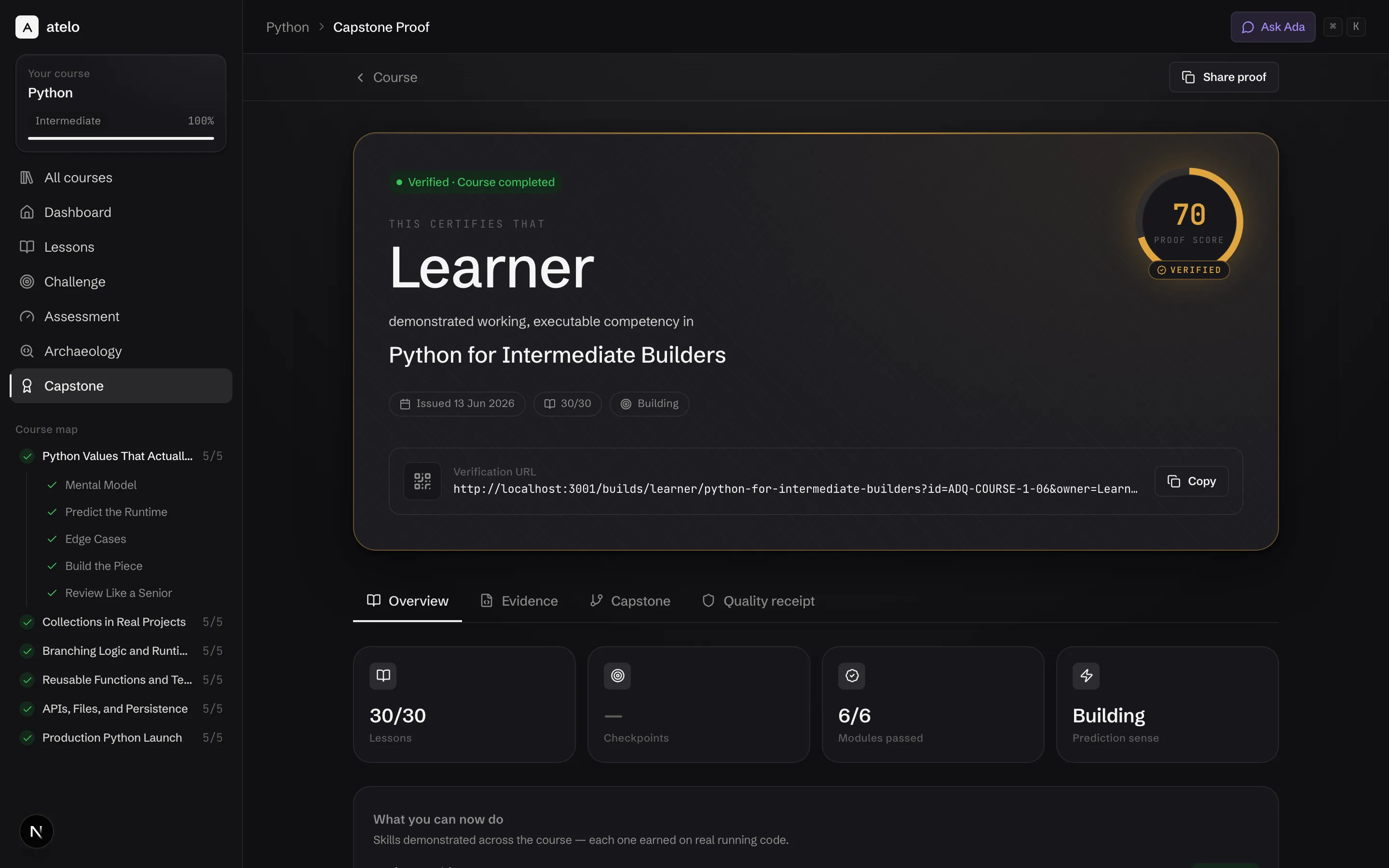 An Atelo proof page: verified course-completion banner, proof score, capstone evidence, and a shareable verification link.